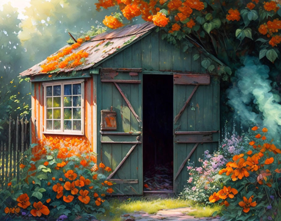 Rustic wooden shed with open doors in lush greenery and orange flowers