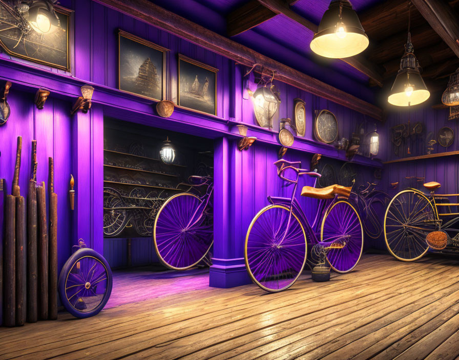 Vintage Bicycle Shop with Purple Illumination and Antique Decorations