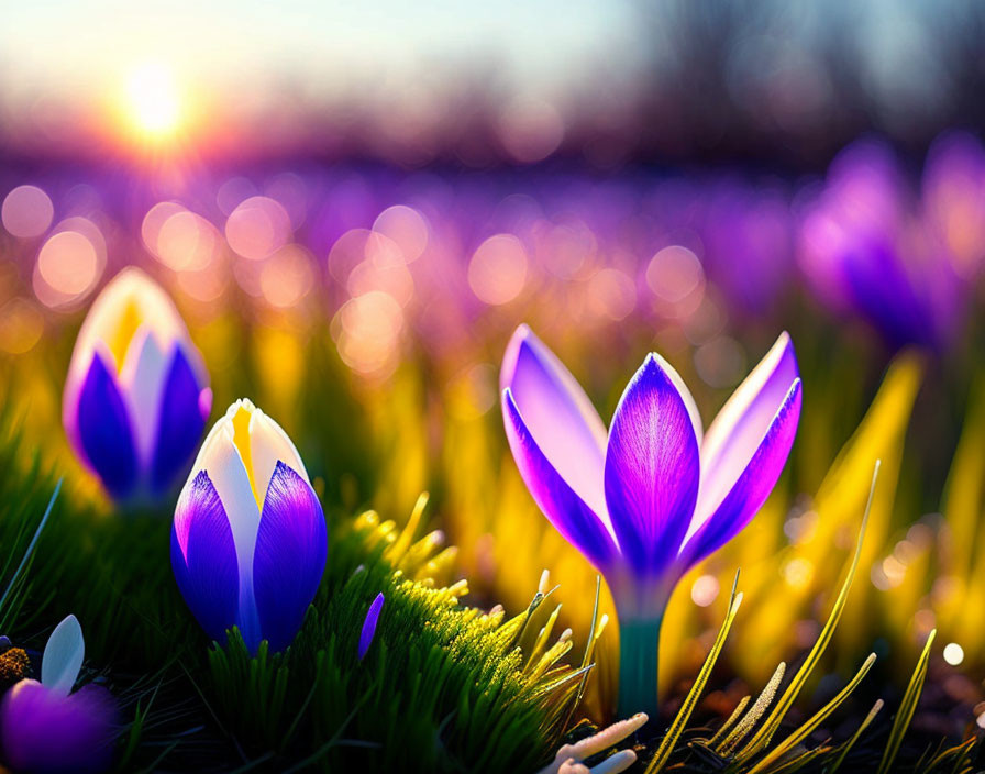 Blooming purple crocus flowers in sunlit field.