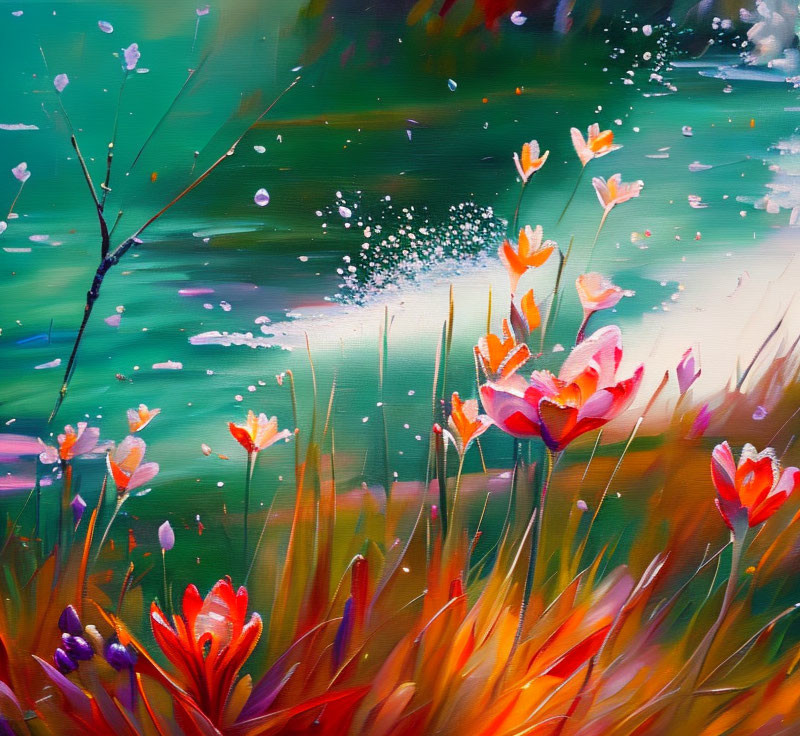 Colorful meadow painting with red and orange flowers and blurred green background