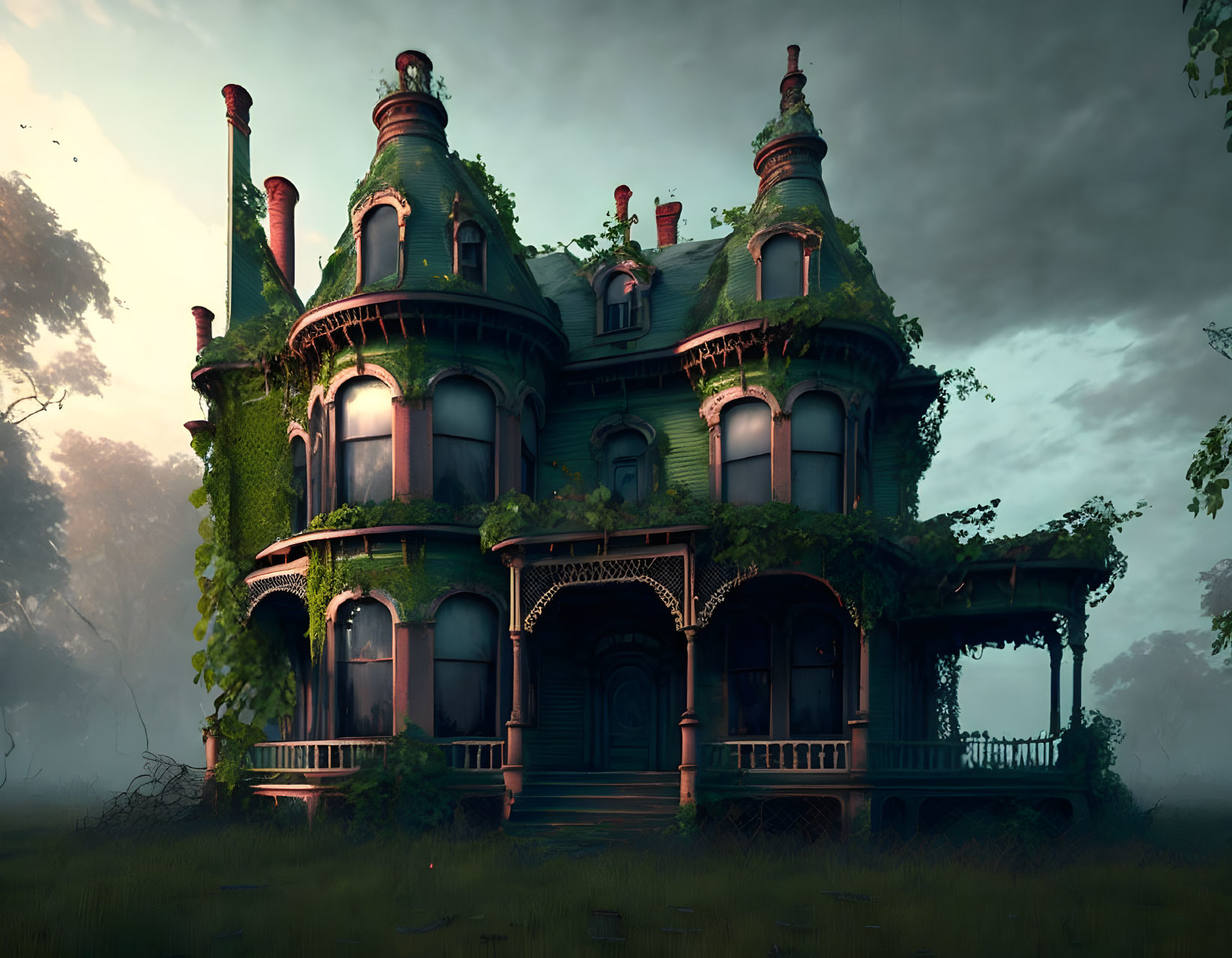 Victorian mansion engulfed in overgrown foliage under twilight sky