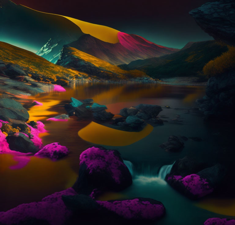 Vibrant surreal landscape with colorful river, pink moss, and twilight sky