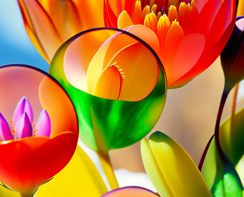 Vibrant close-up of colorful flowers under magnifying glass