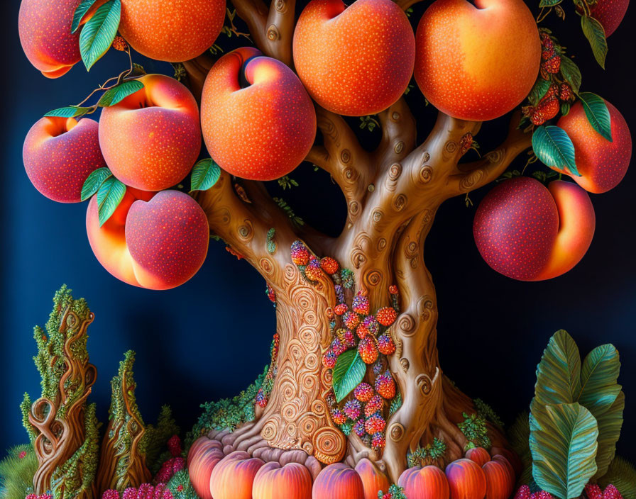 Fantastical tree with ripe peaches and strawberries in vibrant illustration