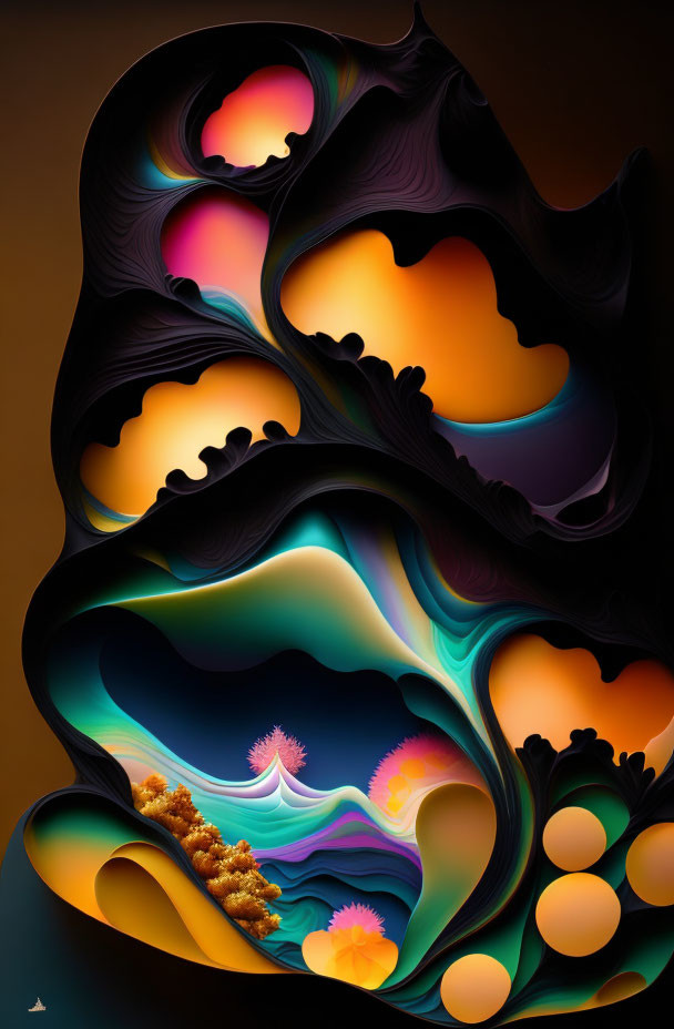 Vibrant surreal digital artwork with fluid shapes in vibrant colors