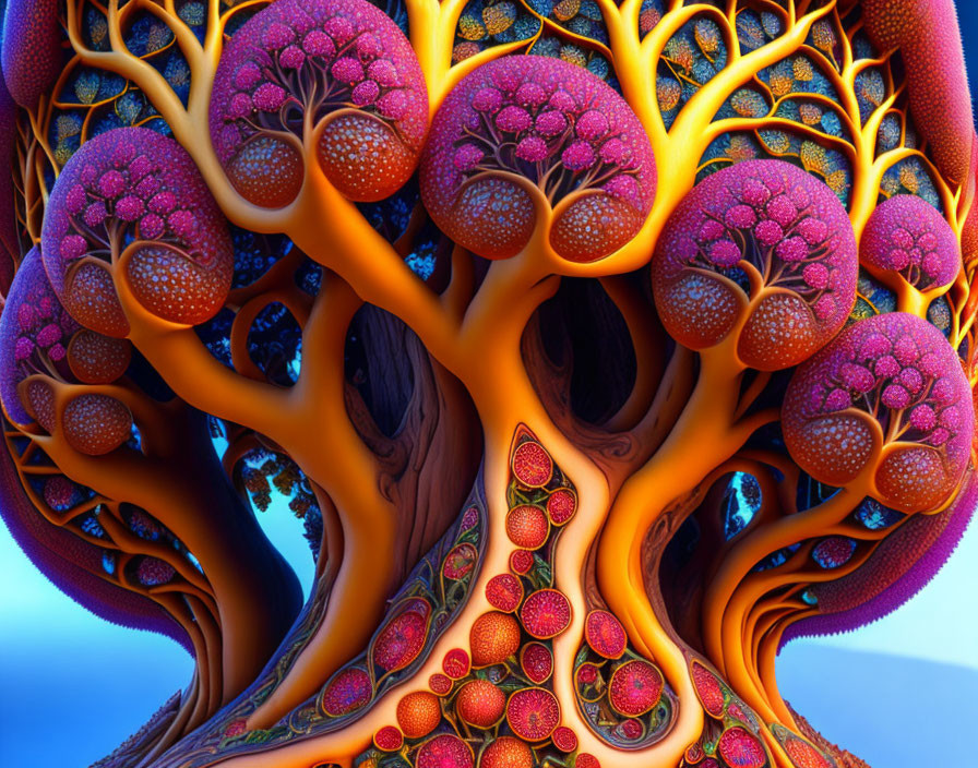 Colorful fractal tree illustration with circular branches on blue background