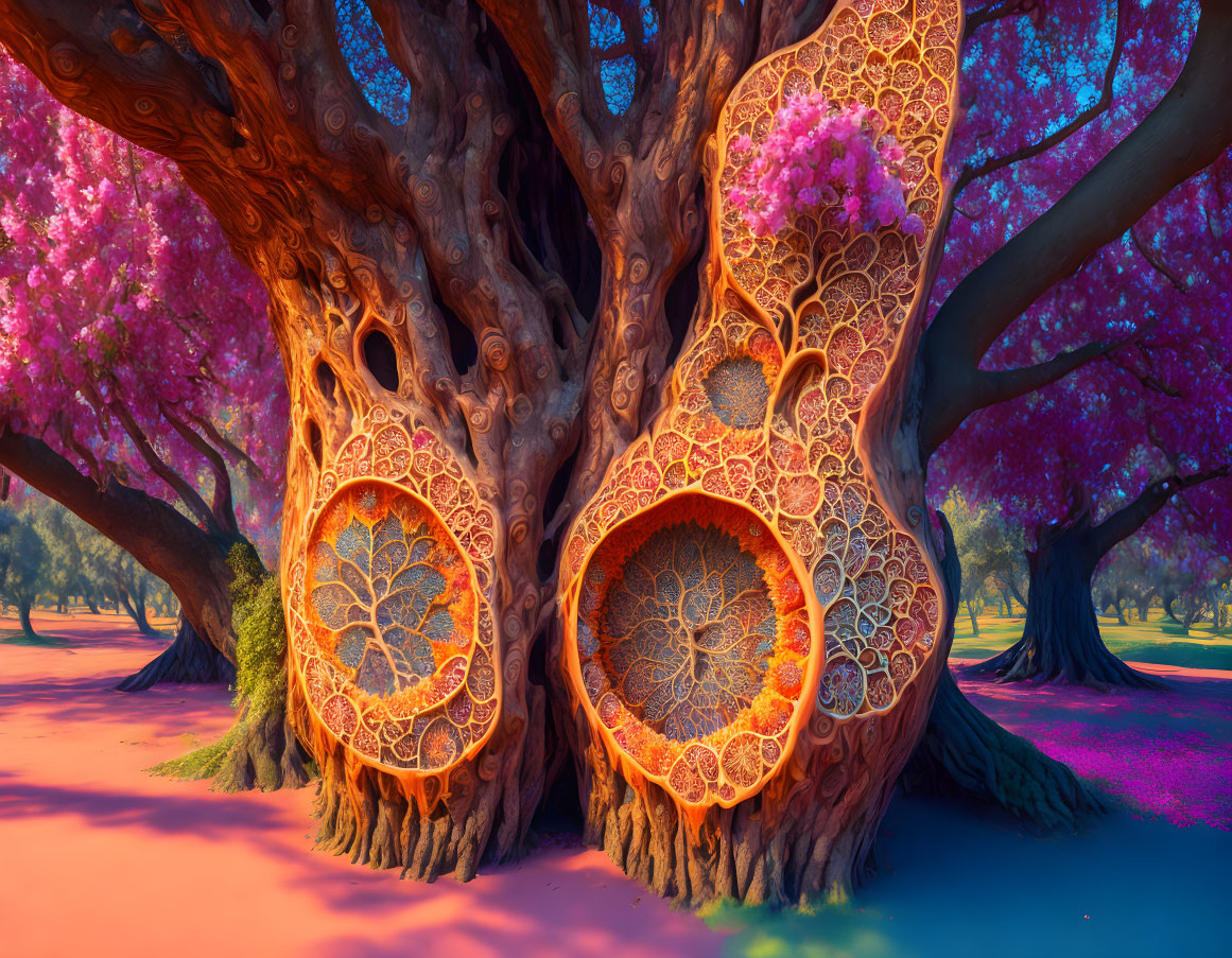 Whimsical fantasy forest with intricate tree patterns