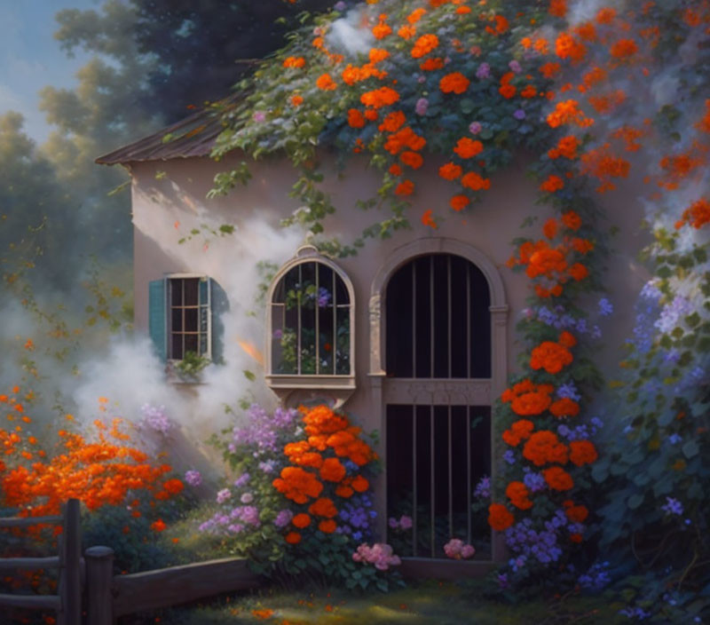 Charming house with orange flowers in lush garden