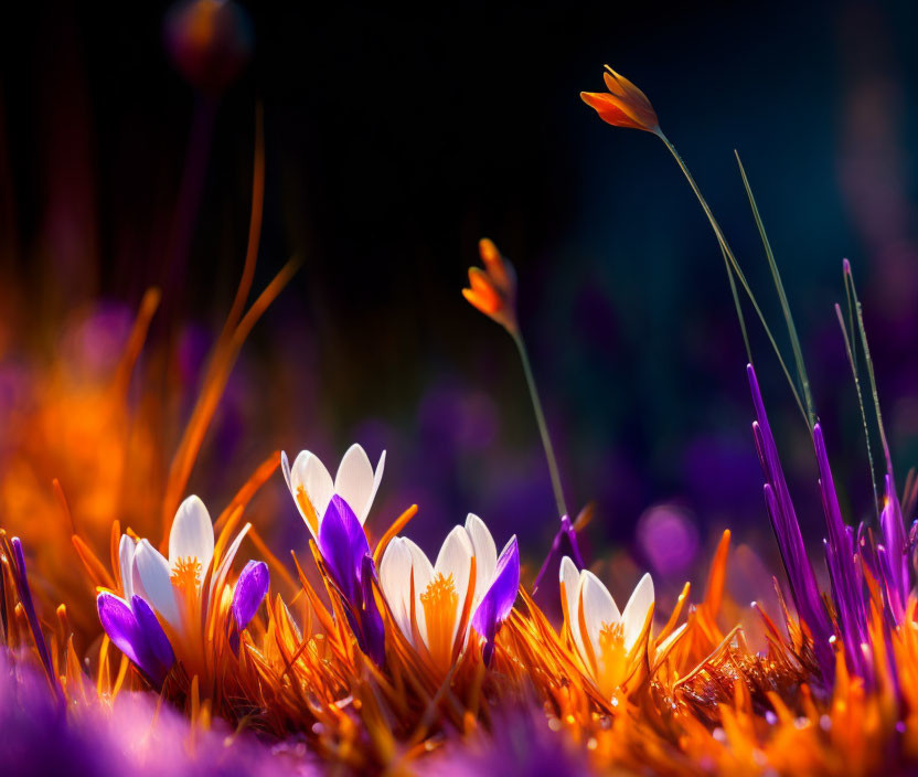 Purple and White Crocuses in Golden Light