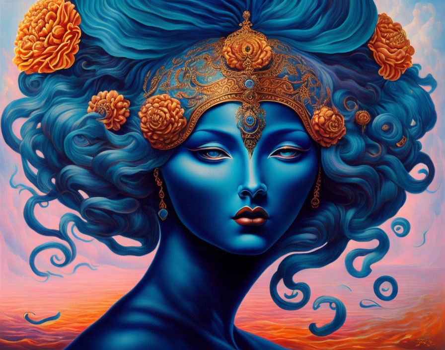 Colorful painting of blue-skinned woman with gold headgear and floral hair on vibrant backdrop