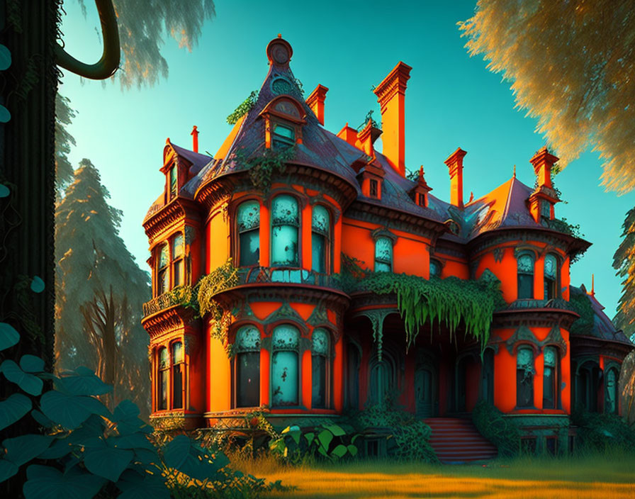 Orange Victorian-style mansion in lush forest with intricate architecture.