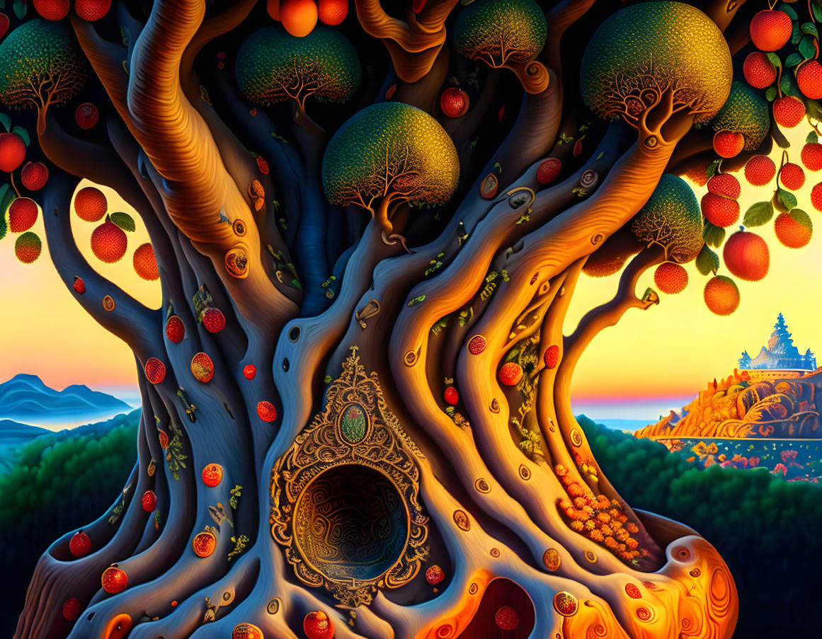 Colorful fantasy tree illustration with ornate roots and branches at sunset.