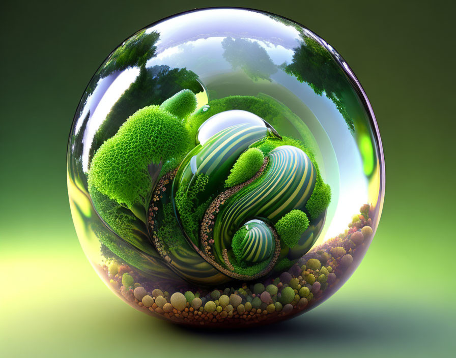 Reflective green sphere with swirling foliage patterns on soft background