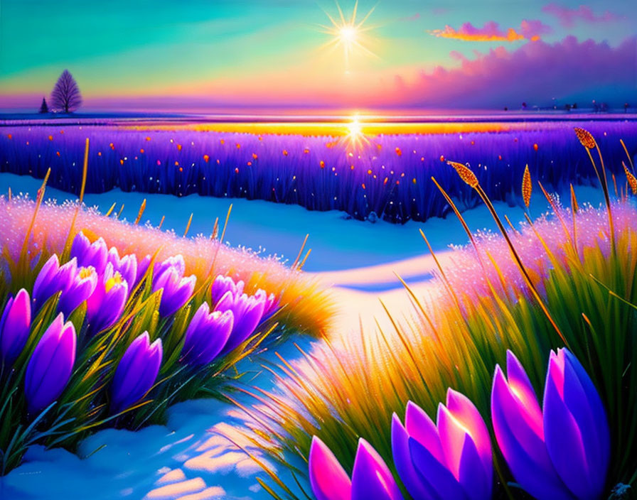 Scenic landscape with purple crocuses, setting sun, and lone tree