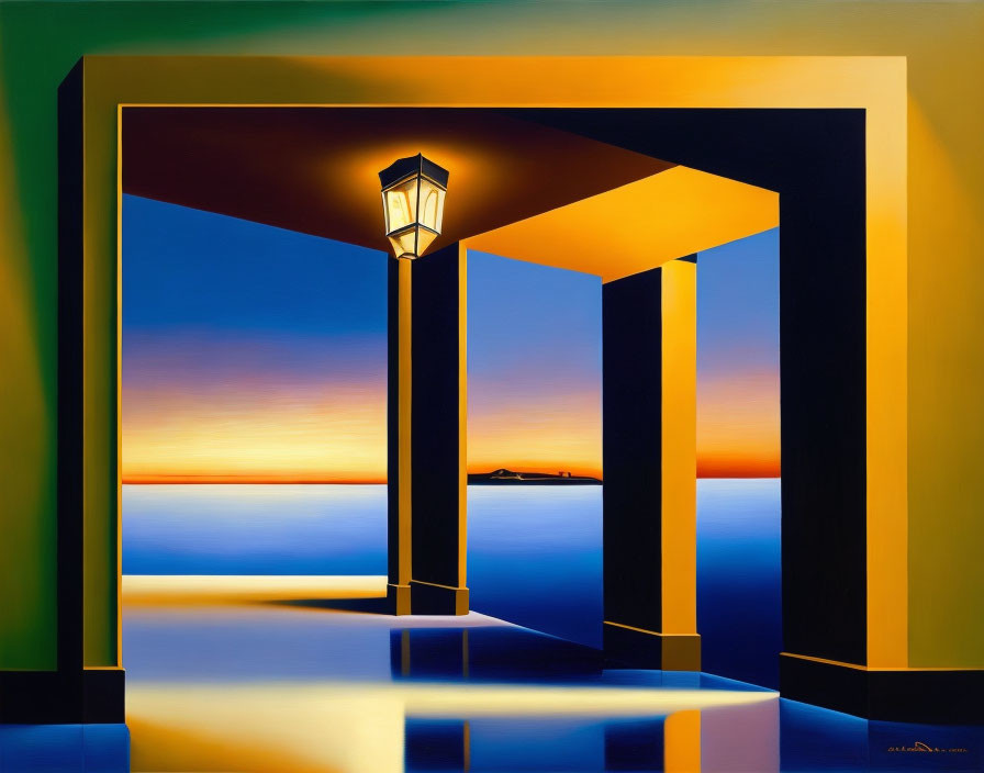 Surreal painting of geometric portal over serene sunset seascape