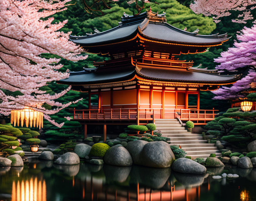 Japanese architecture: red facade, serene pond, cherry blossoms at twilight