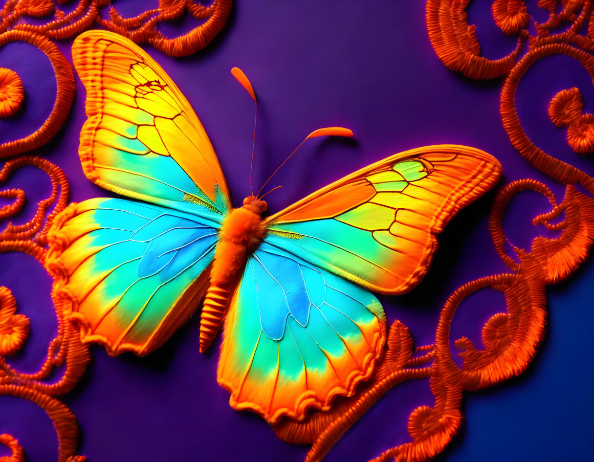 Colorful Butterfly on Purple Surface with Red Patterns