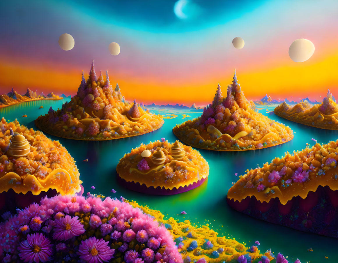 Colorful fantasy landscape with floating islands and multiple moons