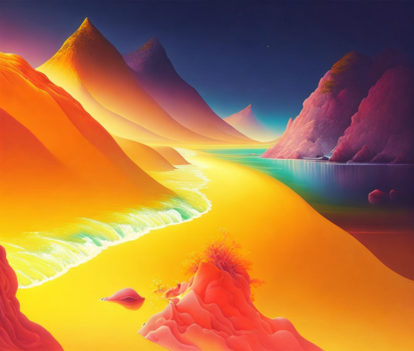 Vibrant orange and pink landscape with smooth mountains and glowing riverbank