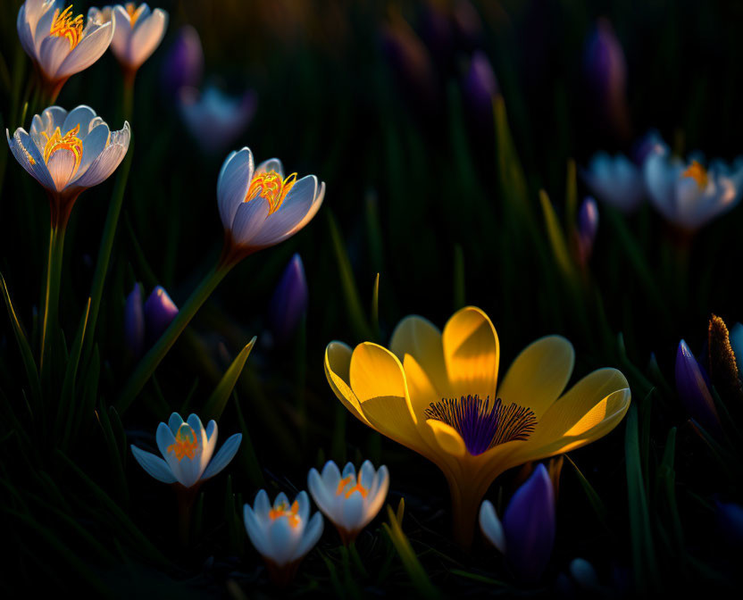 White and Purple Crocus Flowers Blooming in Field at Sunset