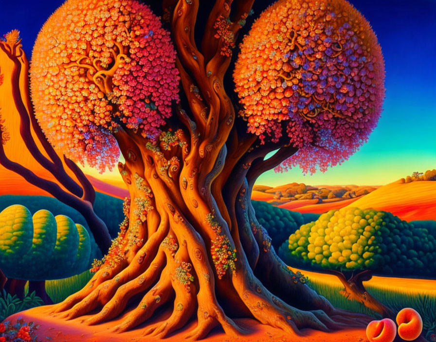 Colorful whimsical tree painting in rolling hills under gradient sky