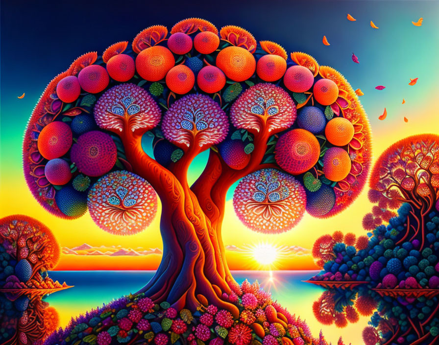 Colorful surreal painting of intricate tree patterns at sunset