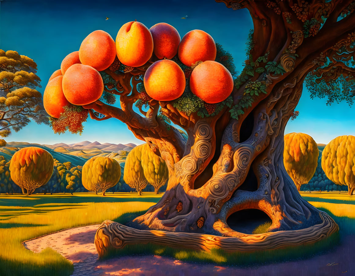 Colorful painting of oversized peaches on large tree in scenic landscape