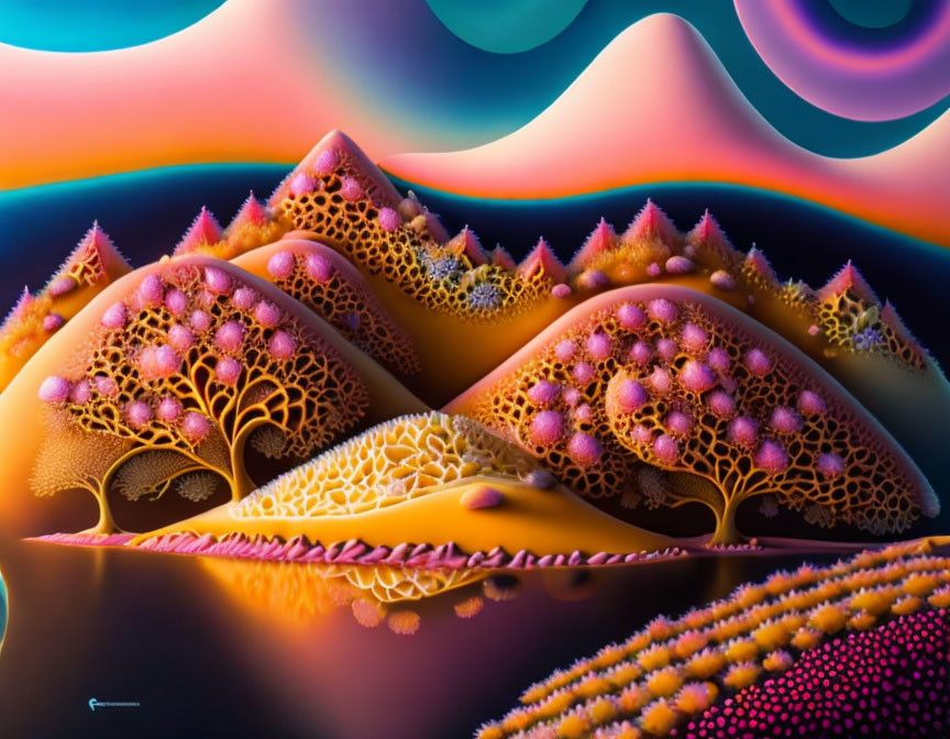 Surreal digital artwork: undulating landscape with fractal patterns