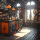 Vintage Bicycle Shop: Diverse Bike Models and Parts in Warm Sunlight