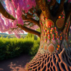 Whimsical tree with pink foliage and varied fruit under bright sky