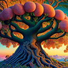 Surreal painting of oversized fruit tree at sunset