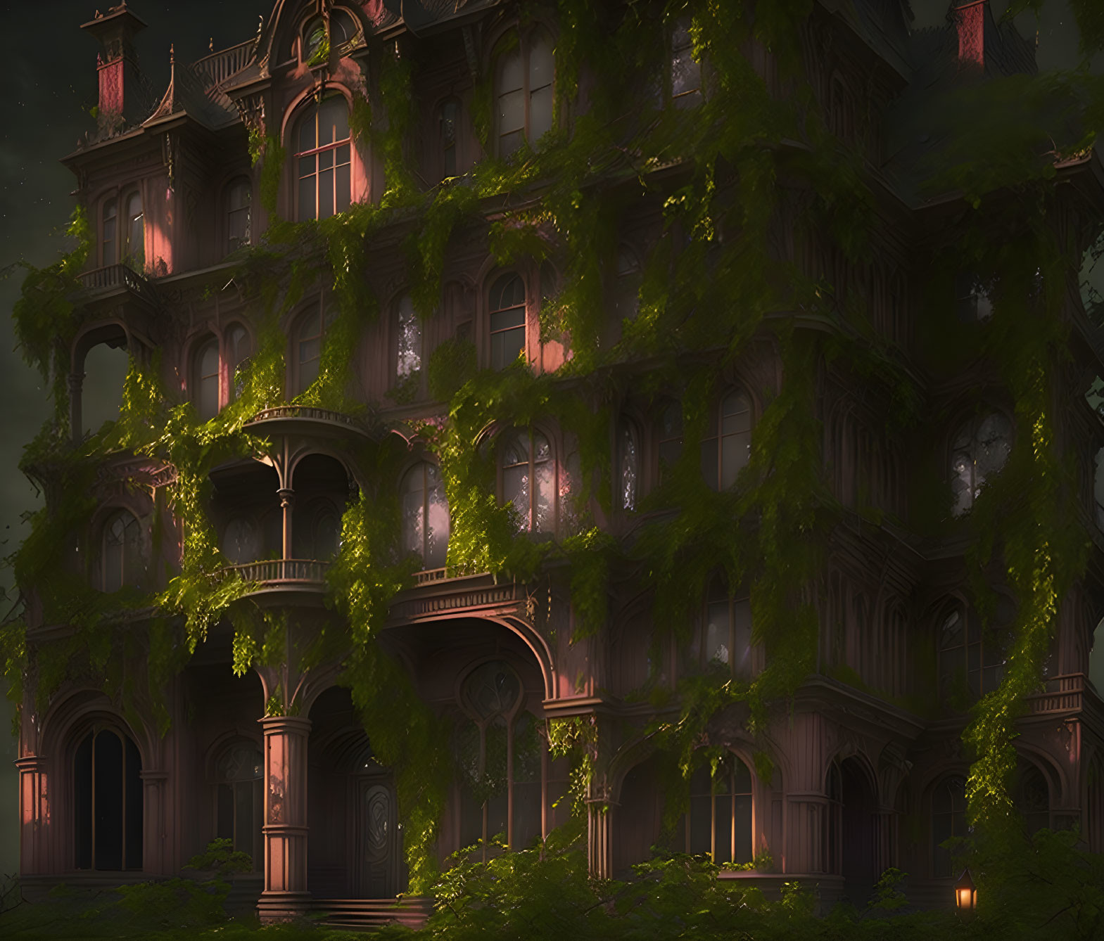 Victorian mansion engulfed in ivy, illuminated windows at night