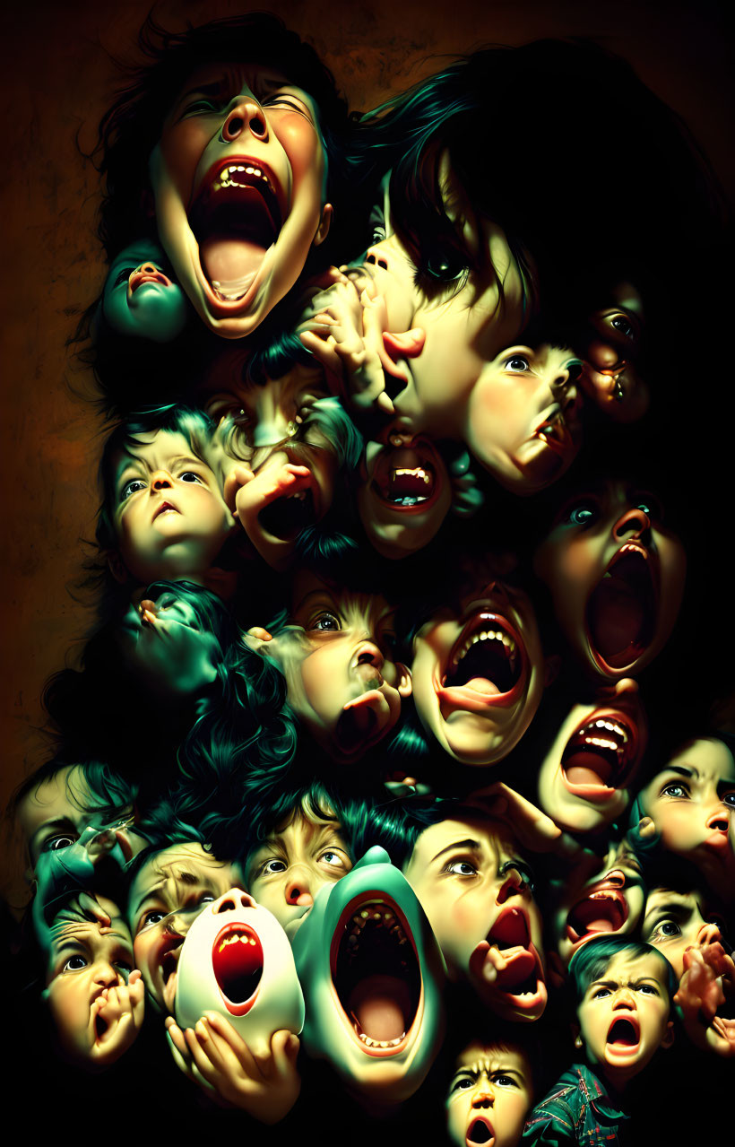 Montage of expressive children's faces with open mouths in dark lighting