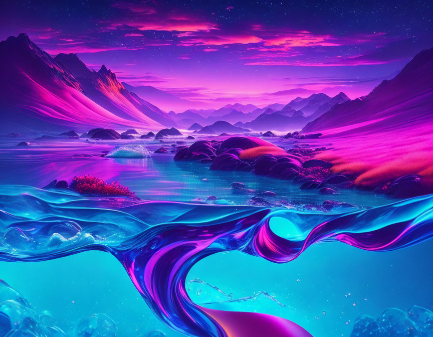 Colorful sky, purple mountains, river, surreal water feature in digital landscape