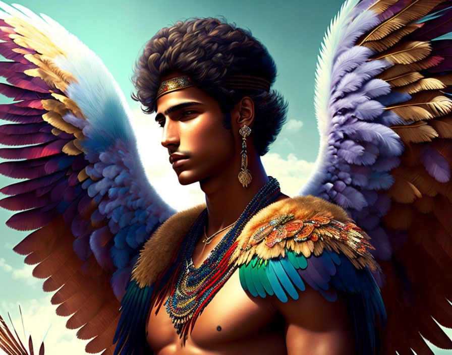 Colorful Winged Male Figure in Gold Jewelry and Beaded Necklace on Sky-Blue Background