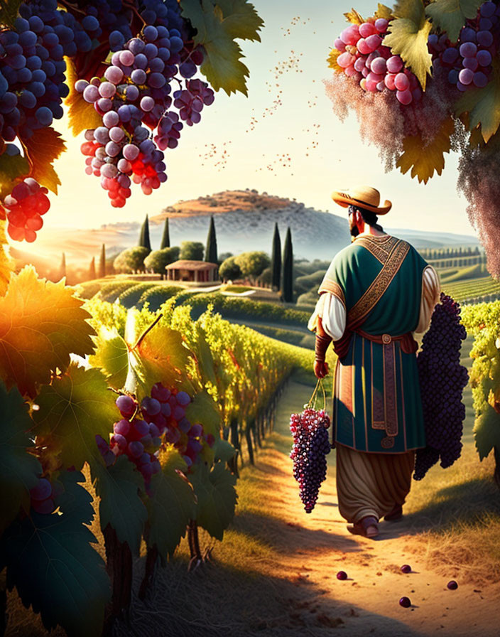 Traditional grape harvester in lush vineyard with hill backdrop carrying basket of grapes