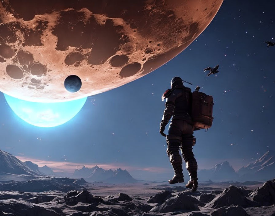 Astronaut on rocky alien planet gazes at red moon, smaller moon, and spaceships in