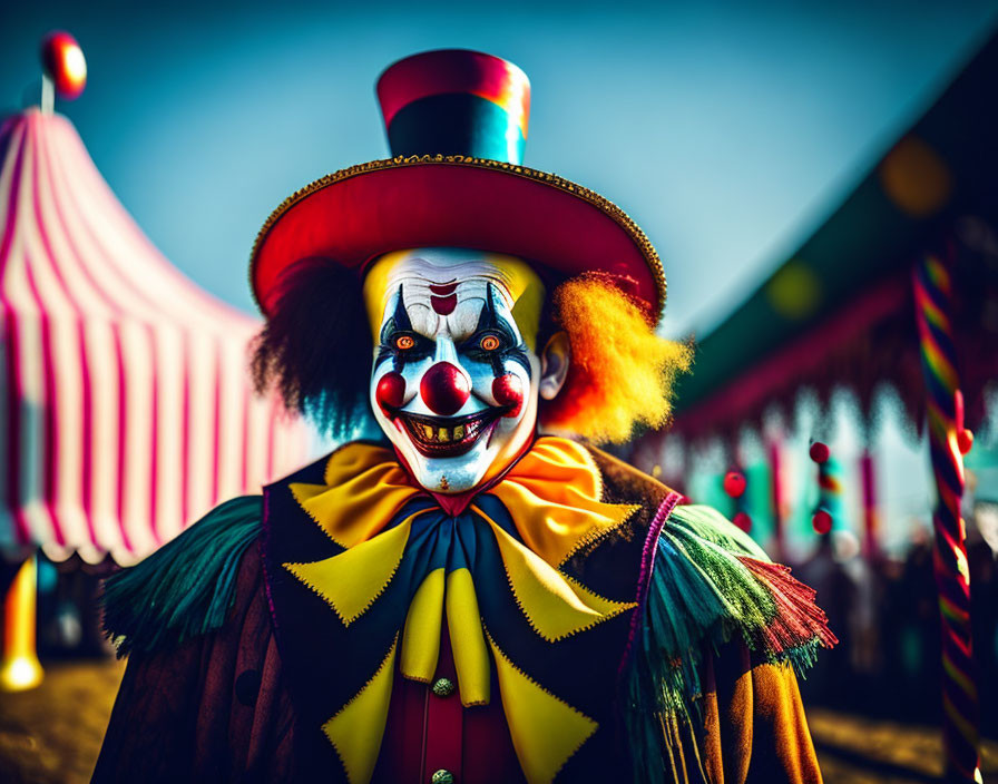 Colorful Clown in Vibrant Outfit Smiling Under Circus Tent Sky