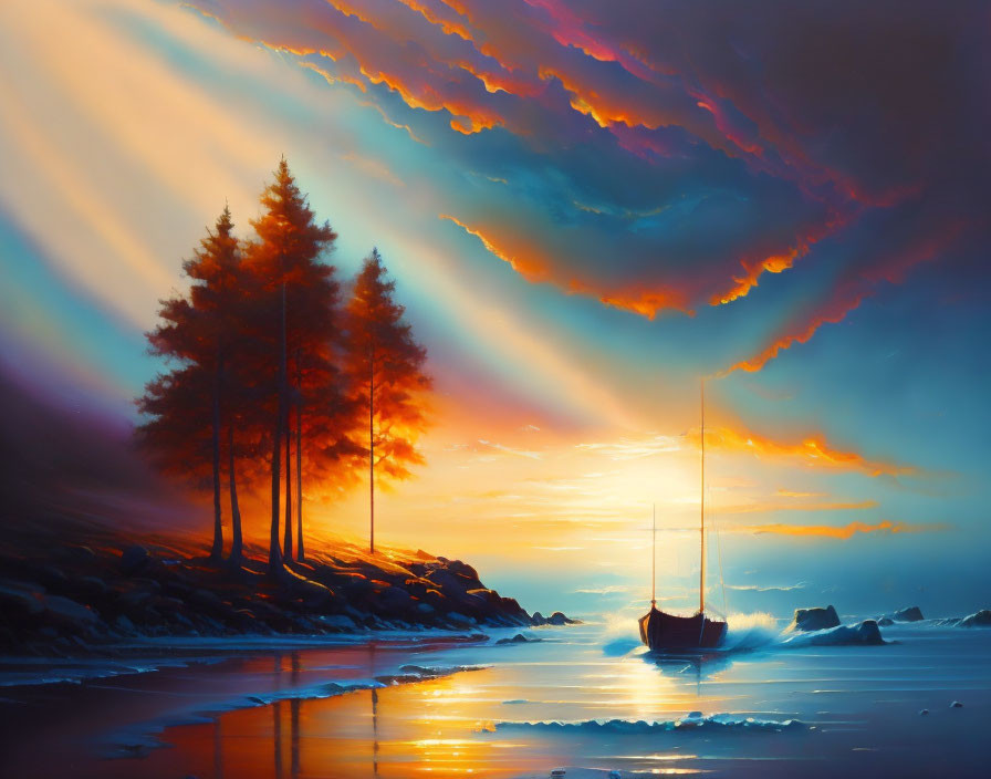 Tranquil beach sunset painting with sailboat, orange clouds, sun rays, water reflection, and