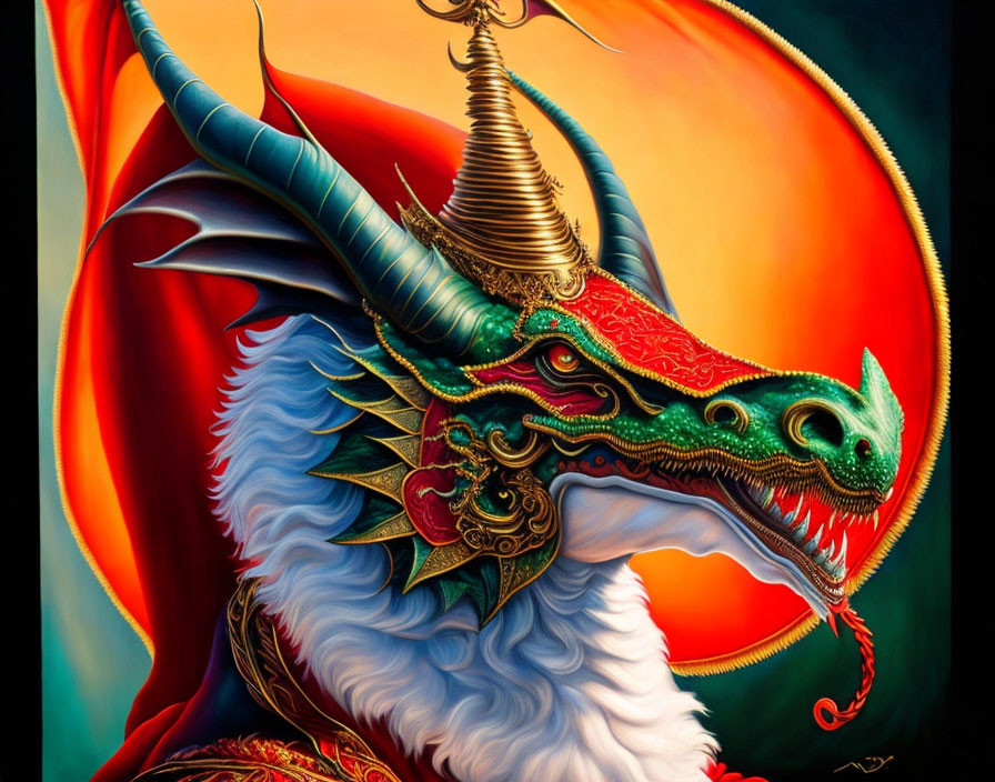 Colorful mythical dragon with green and red face armor, white fur, long horns, in fiery setting