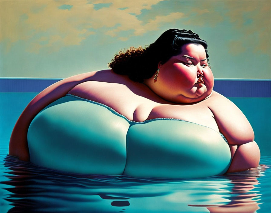 Stylized painting of voluptuous woman in blue swimsuit floating in tranquil water