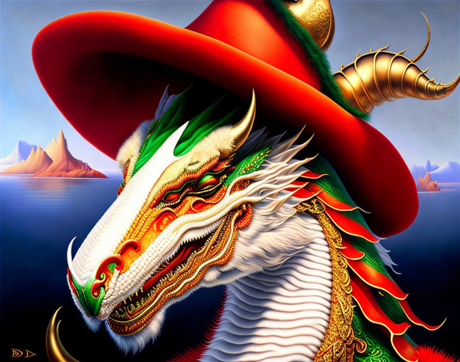 Colorful dragon with red sombrero in serene mountain scene