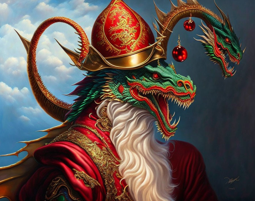 Dual dragon-headed helmet creature in red and gold armor on blue backdrop