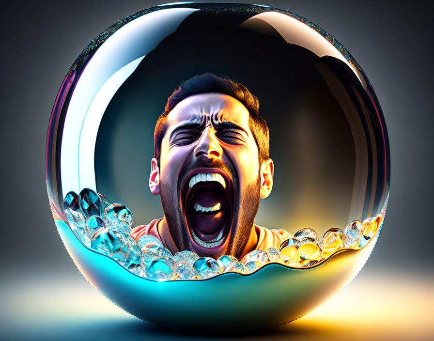 Man's face superimposed on reflective bubble with smaller bubbles