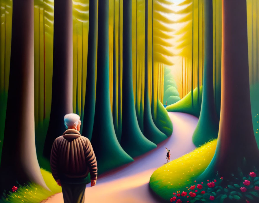 Elderly person with dog in forest path under warm light