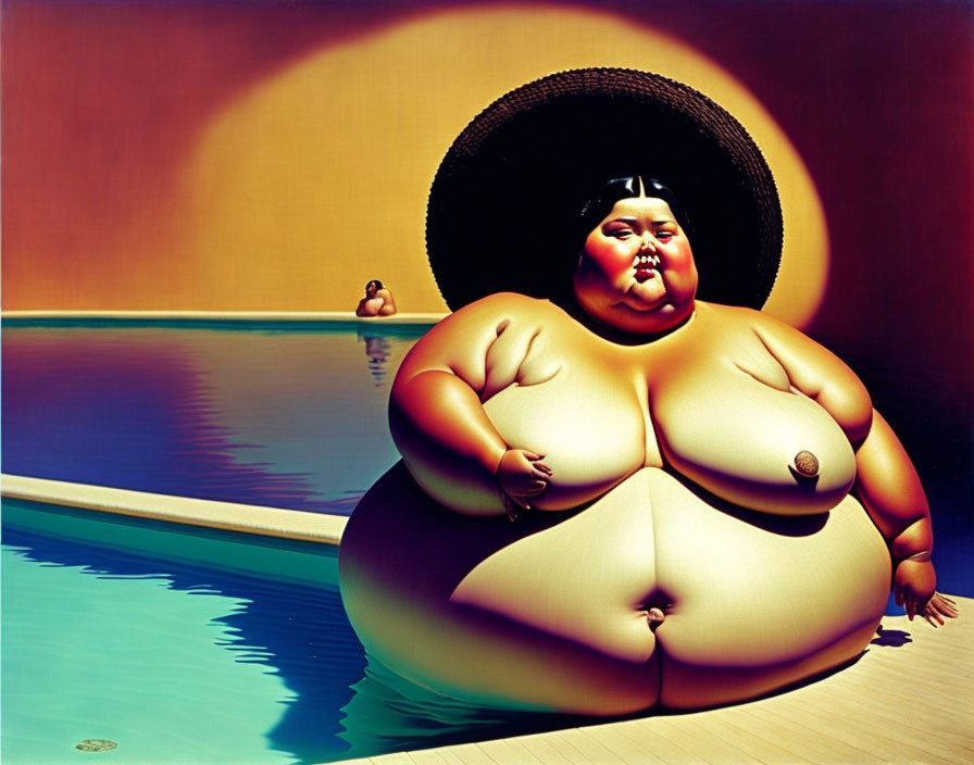 Stylized painting of oversized woman by pool with small figure and sharp shadows