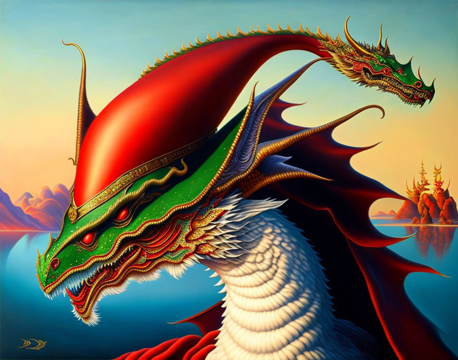 Dual-headed red and green dragon painting in serene water landscape with distant red spires