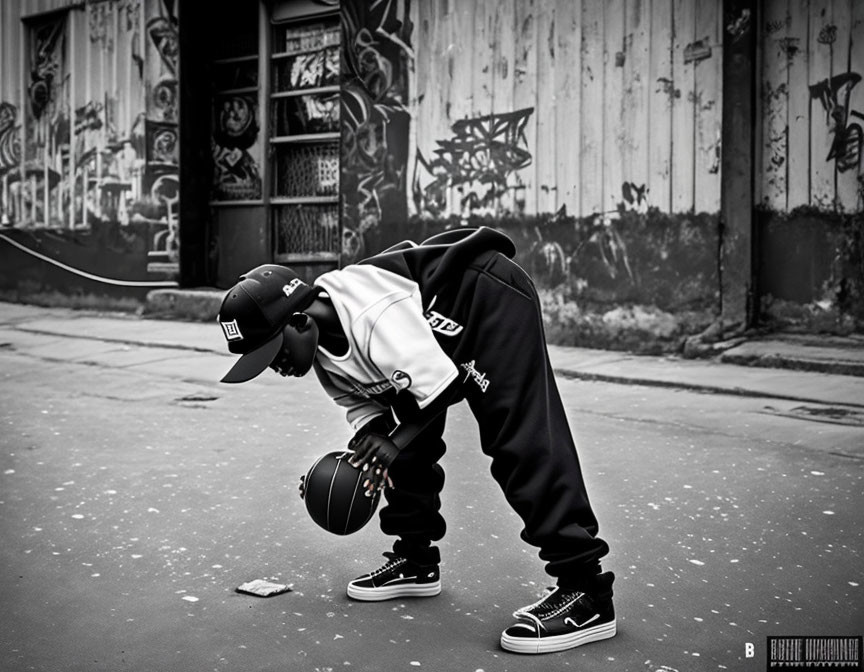 Person in hip-hop attire with basketball in urban setting.