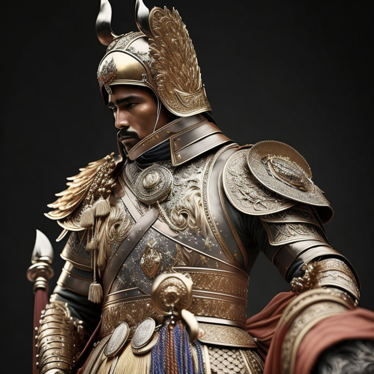 Detailed depiction of a warrior in ornate armor with engraved designs and a winged helmet