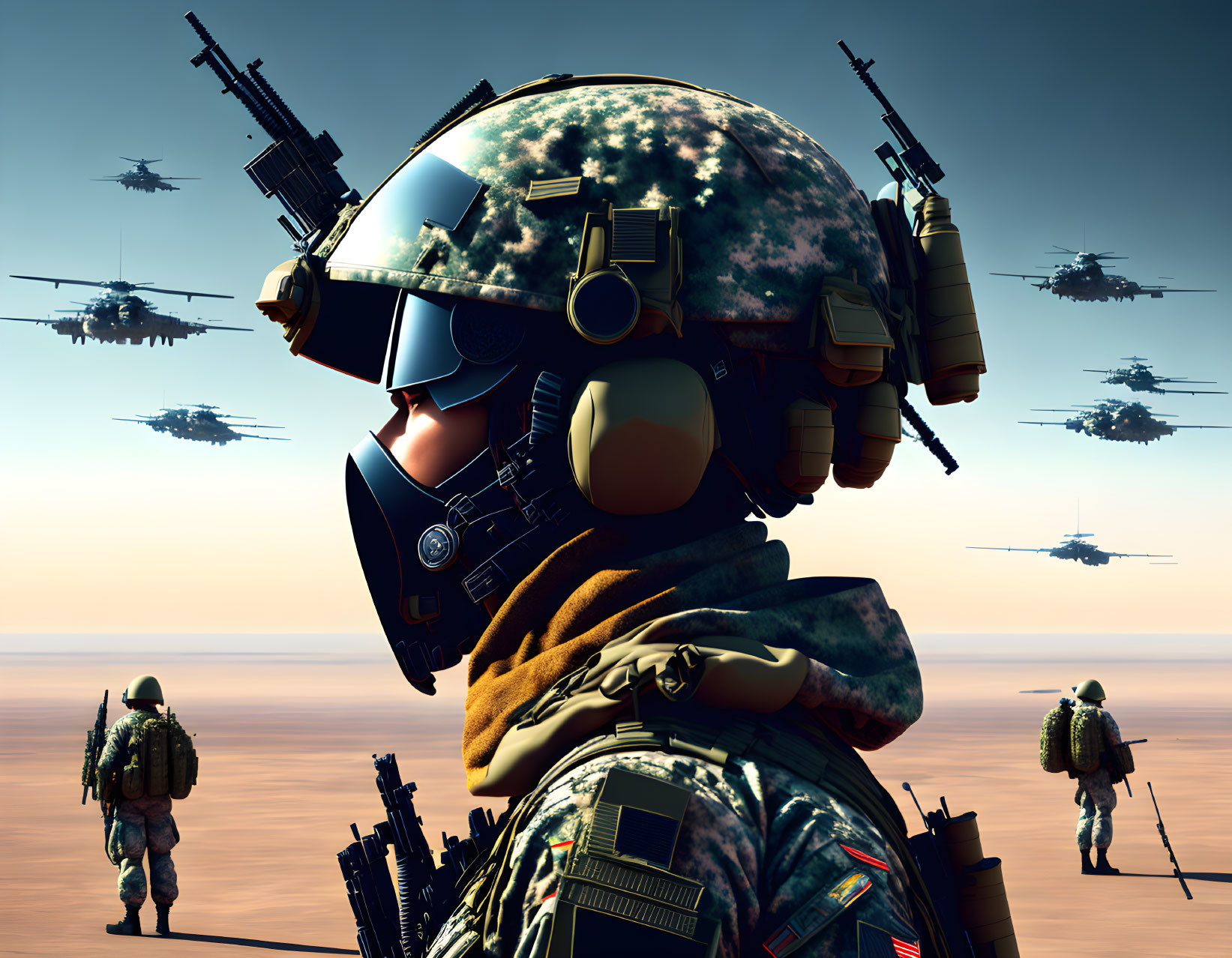 Digital Artwork: Soldiers in Camo Gear Watching Helicopters in Desert